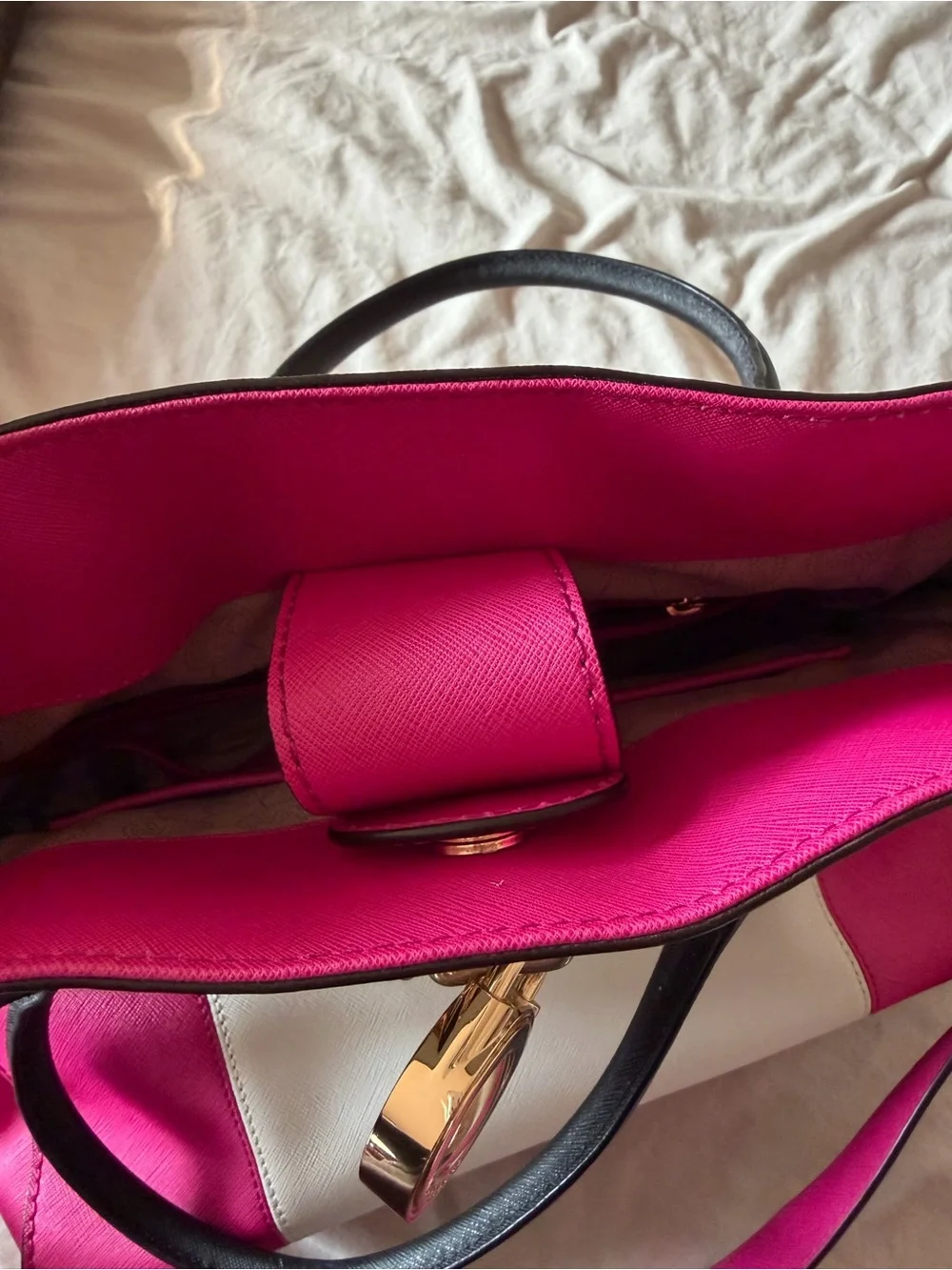 Women's Pink and White Colorblock Satchel Tote